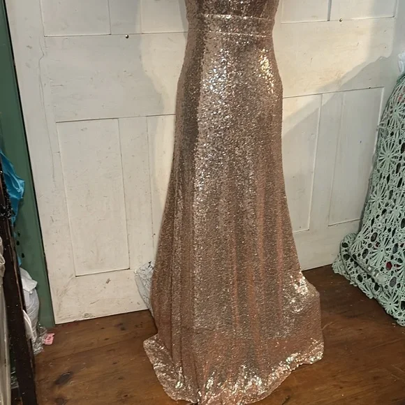 SALE $29 Shein Rosegold Sequin Maxi Gown Bodycon Bombshell Barbiecon Prom Gala - Picture 2 of 6